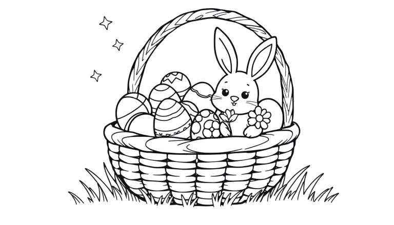 Kleurplaat van een paasmand met een konijntje en paaseieren.