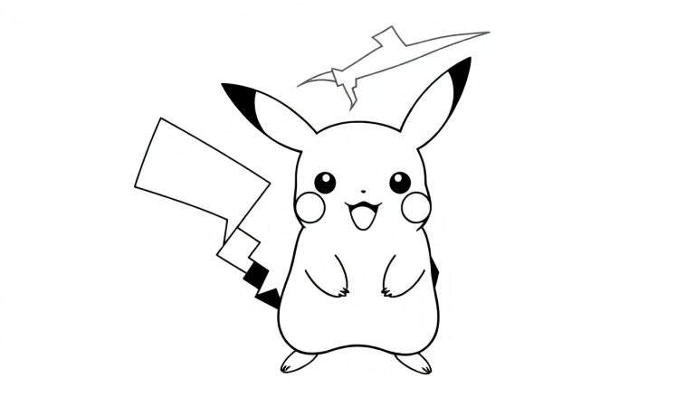 Een zwart-wit lijntekening van Pikachu die lacht met open mond en vrolijke ogen. Zijn puntige oren, ronde wangen en bliksemschicht-vormige staart zijn duidelijk zichtbaar.