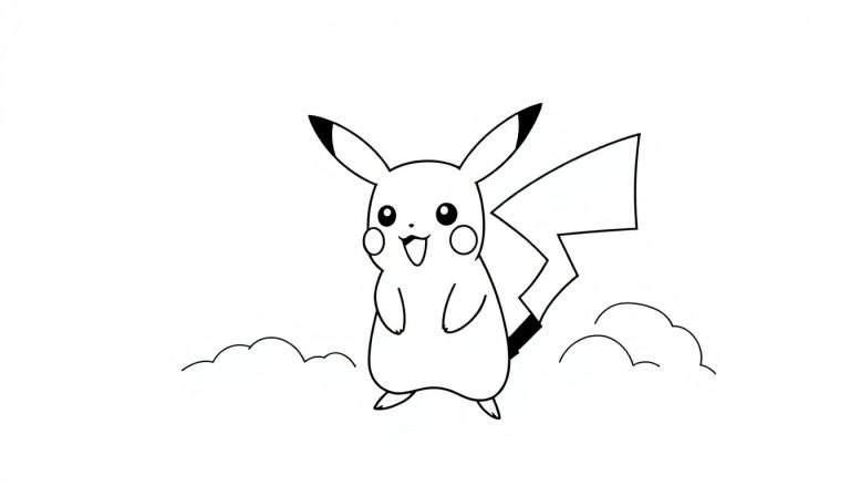 Lijntekening van Pikachu, het gele Pokémon-personage, staat rechtop met een vrolijke uitdrukking en zijn bliksemstaart. Er zijn wolkjes onder hem.