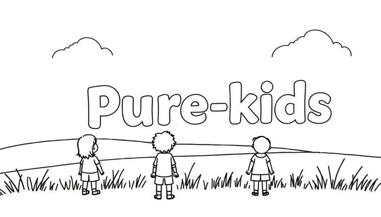 Kleurplaat met de tekst 'Pure-Kids' bovenaan. Drie kinderen met hun rug naar de kijker toe staan in een landschap met gras en heuvels. Twee wolken zweven in de lucht.