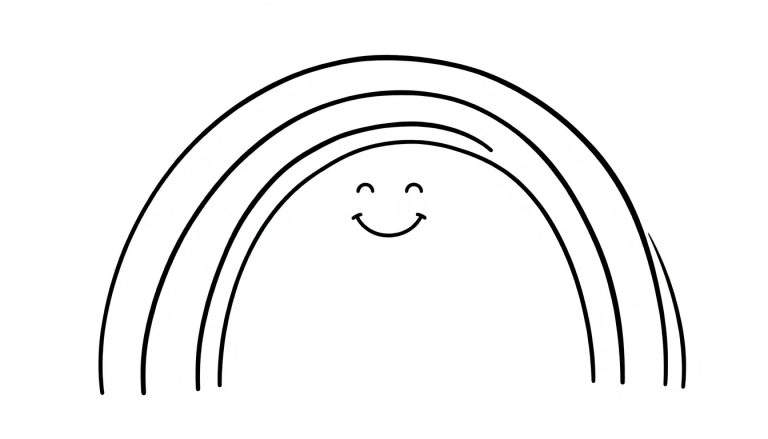 Zwart-wit tekening van een regenboog met vier concentrische bogen, met een lachend gezichtje binnenin, bestaande uit gebogen lijntjes voor ogen en mond.