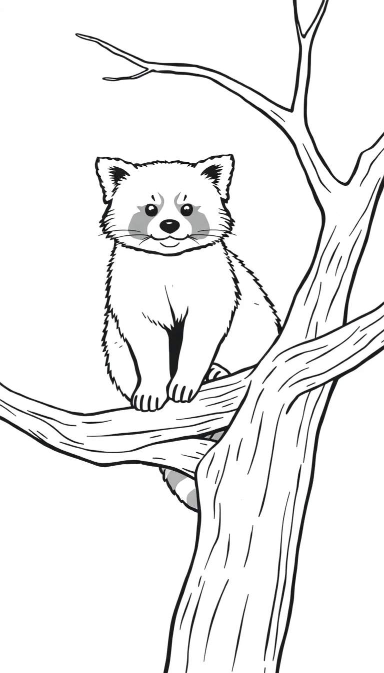 Kleurplaat van een lieve rode panda die op een dikke boomtak zit.