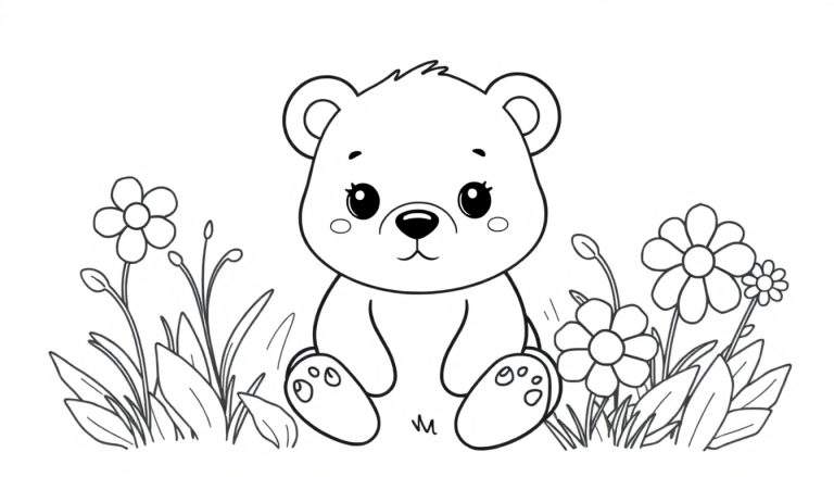 Kleurplaat van een schattig, klein beertje met grote ogen dat in een veld vol bloemen en gras zit.