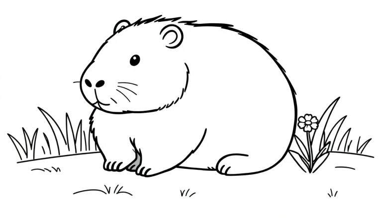 Zwart-wit lijntekening van een schattig, rond knaagdier (zoals een hamster) zittend op gras, kijkend naar links, met een kleine bloem aan de rechterkant. Geschikt als kleurplaat.