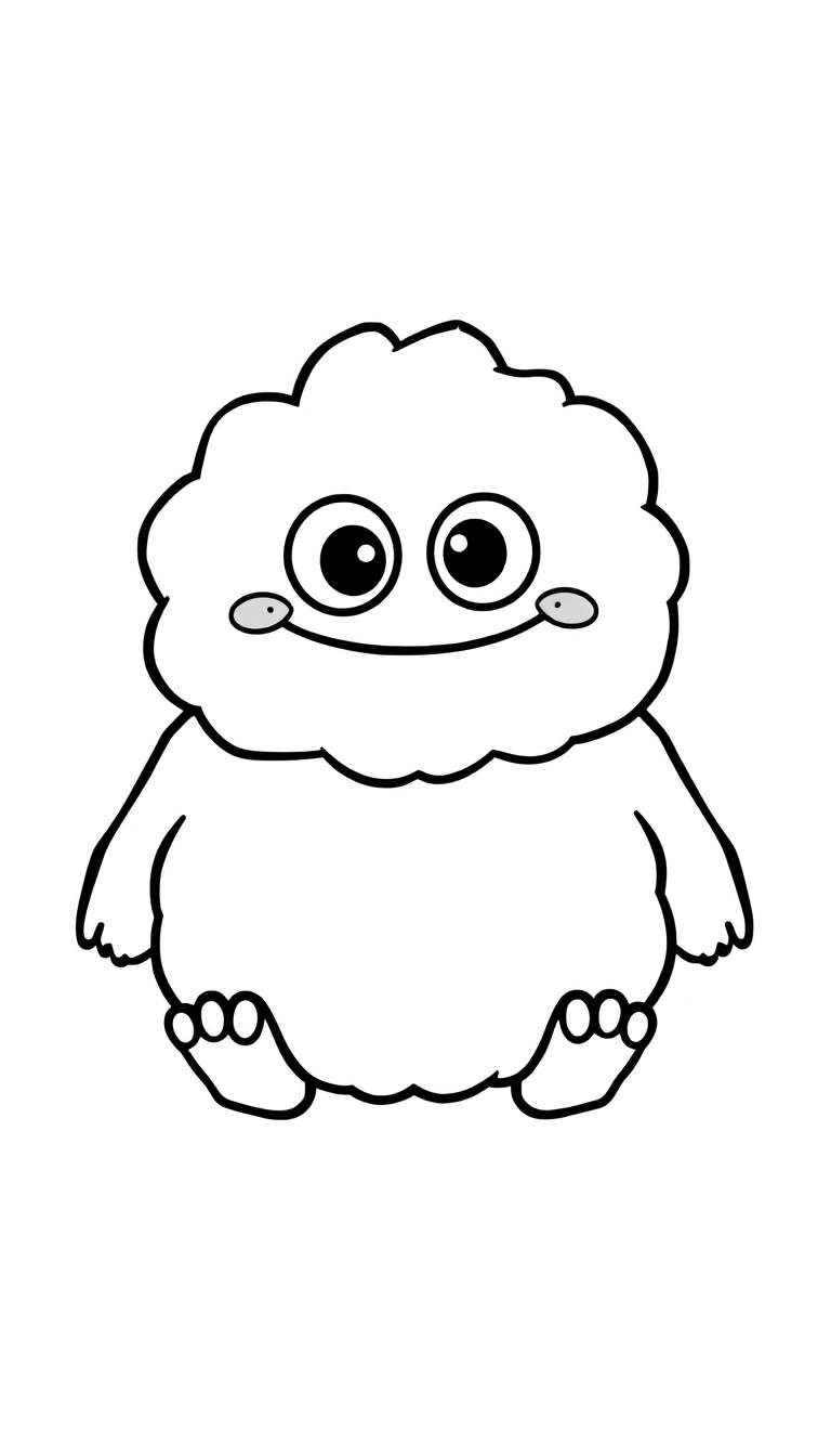 Zwart-wit lijntekening van een rond, pluizig monstertje met grote ogen, een lachende mond, korte armpjes en beentjes, klaar om ingekleurd te worden.