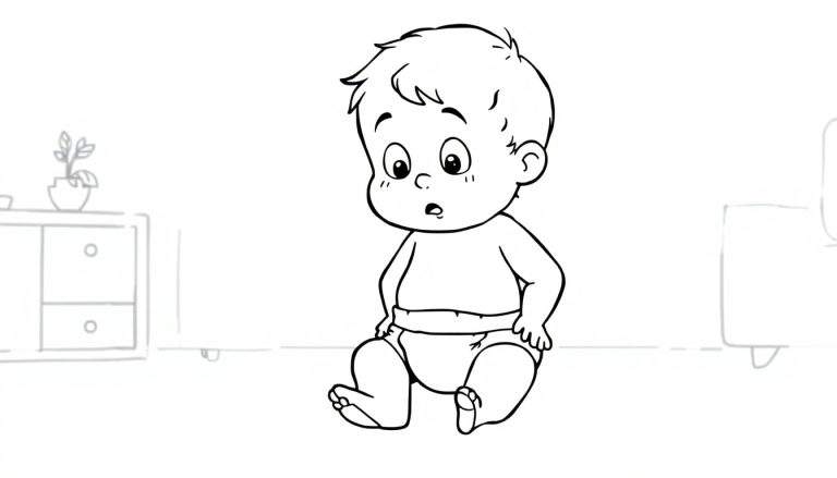 Kleurplaat van een baby met een verraste uitdrukking, zittend op de grond in een luier. Zwart-wit lijntekening met simpele meubels op de achtergrond.