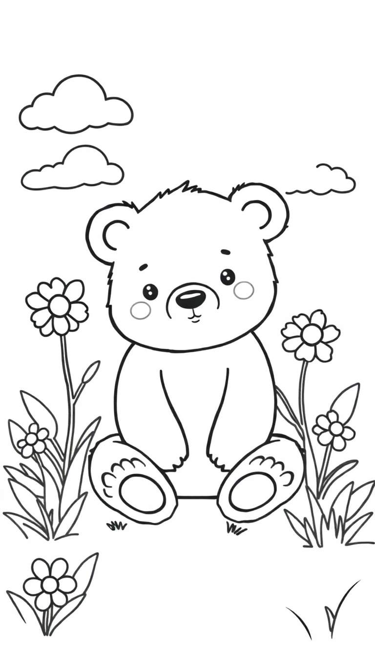 Zwart-witte lijntekening van een schattige, zittende beer in een bloemenveld met wolkjes in de lucht.