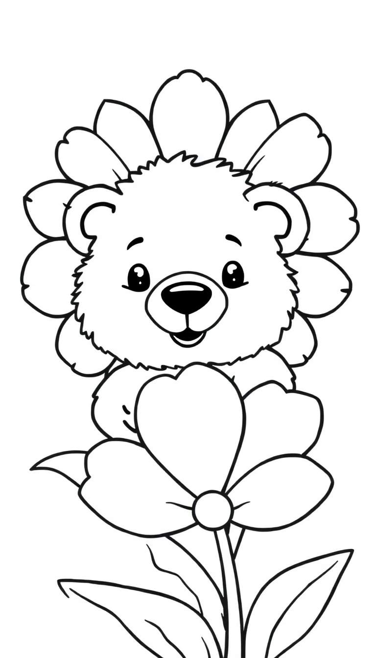 Kleurplaat van een lief beertje dat uit een bloem kijkt, met een grotere bloem eronder.