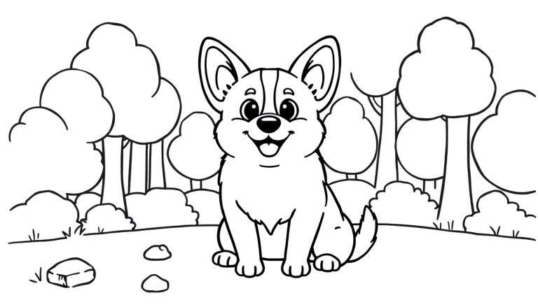 Een schattige, lachende Corgi hond zit op gras in een bos. De hond heeft korte pootjes en spitse oren. De achtergrond bestaat uit bomen en struiken.