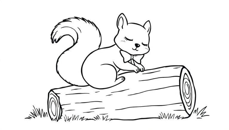 Zwart-wit lijntekening van een schattige eekhoorn met vlinderdas die glimlacht op een boomstam.