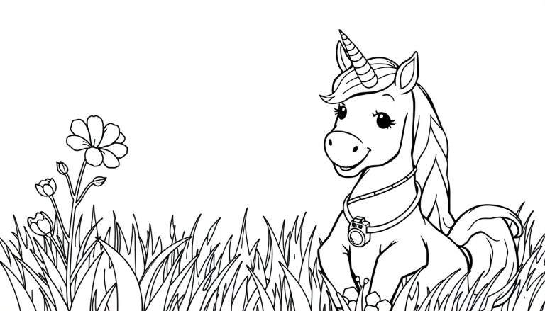 Zwart-wit lijntekening van een vriendelijke, schattige eenhoorn met grote ogen en een camera om de nek, zittend in een veld met gras en bloemen.