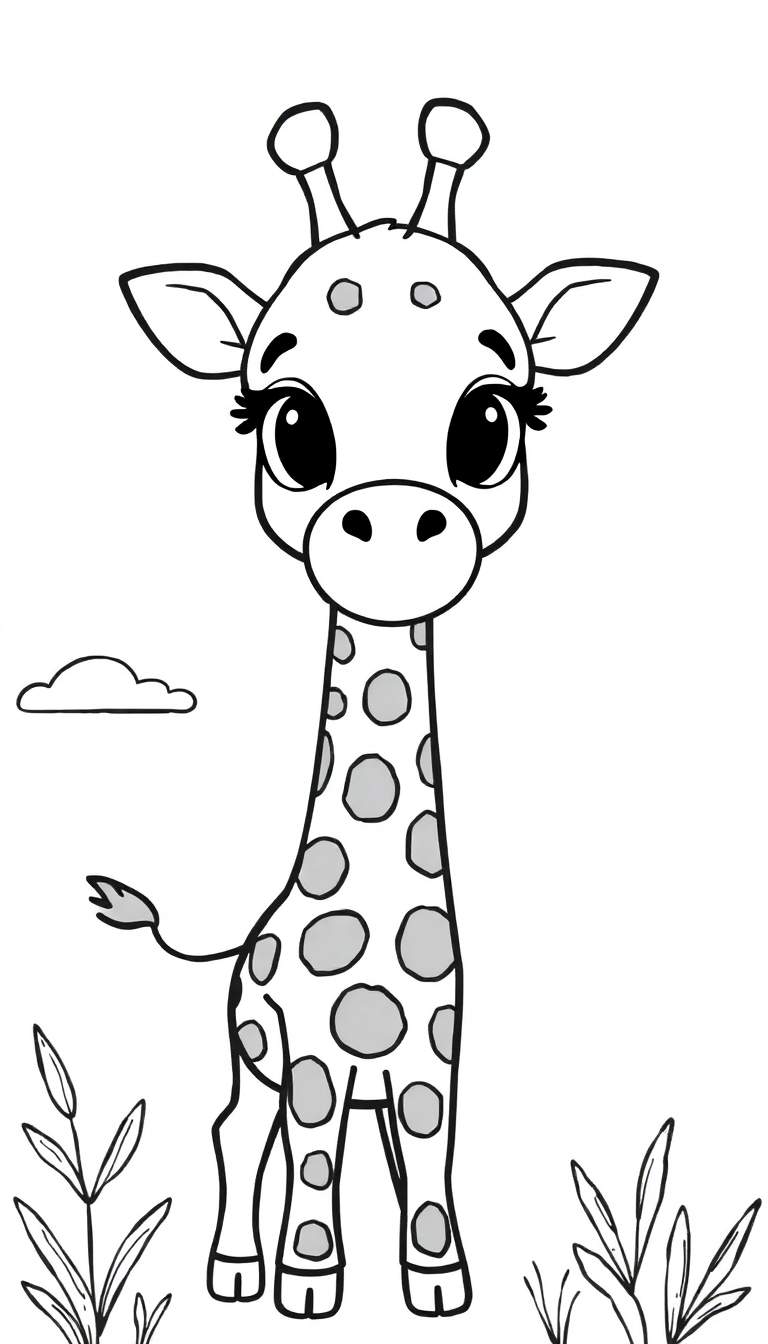 Kleurplaat van een schattige staande giraffe met ronde vlekken, grote lieve ogen, wimpers, kleine neusgaten, hoorntjes, grote oren, vier poten, een korte staart met pluimpje. Op de achtergrond een wolkje en onderaan plantjes of grassprieten.