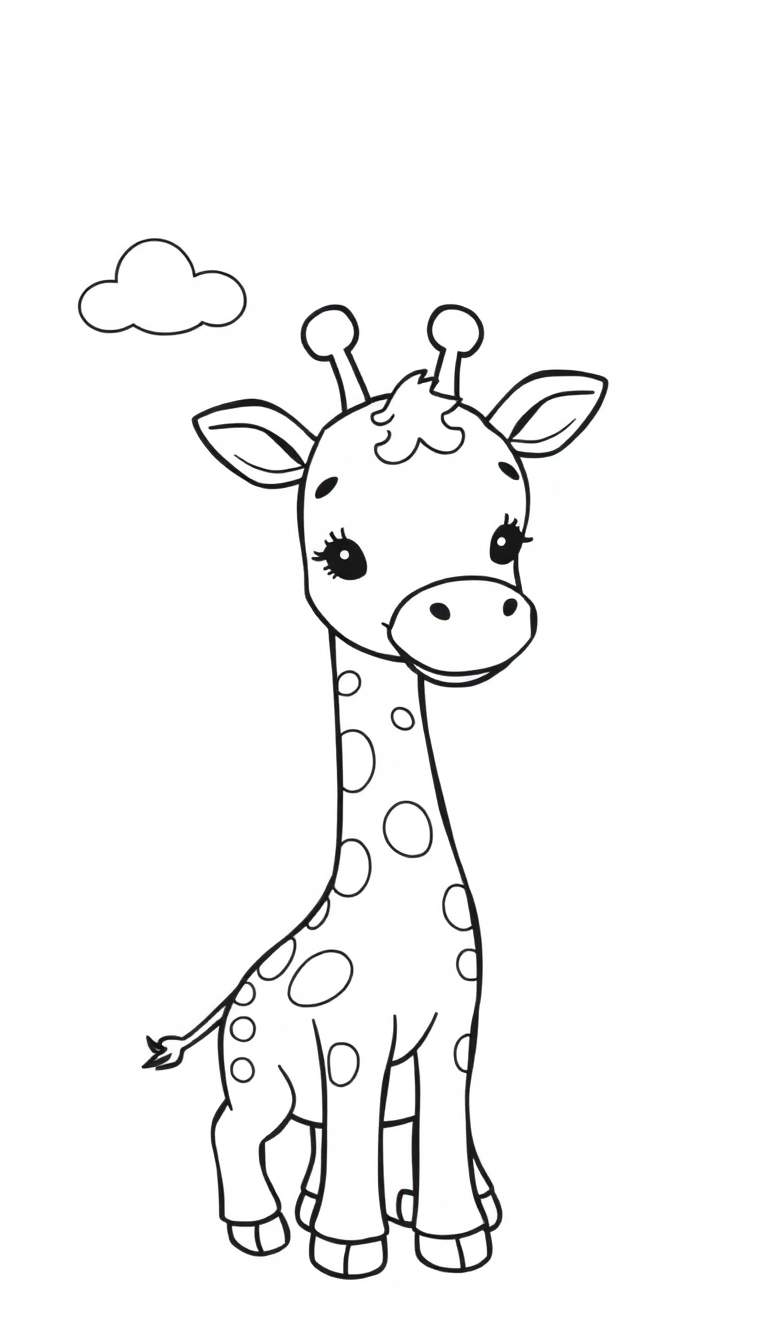 Kleurplaat van een schattige, jonge giraf met grote ogen en lege cirkels voor vlekken.