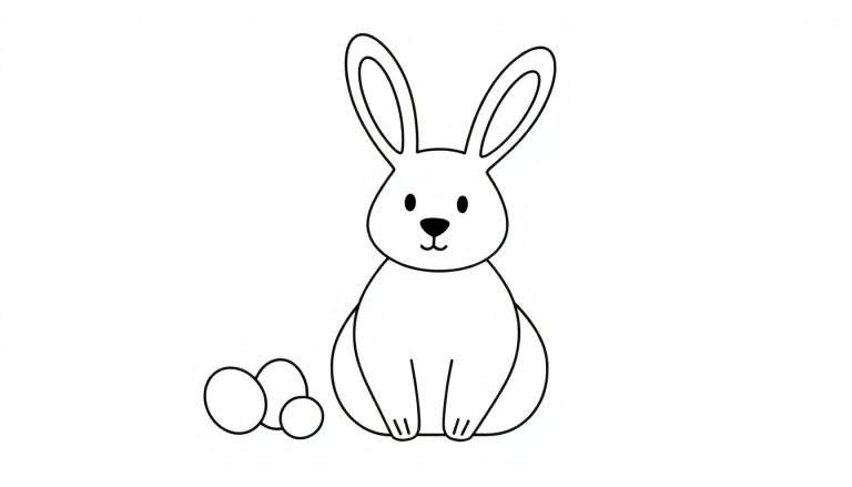 Zwart-wit lijntekening van een schattig konijn dat rechtop zit, met drie eieren links van zich.
