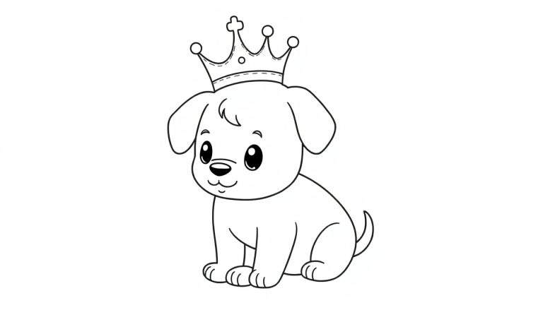 Lijntekening van een schattige puppy met een kroon op zijn hoofd, zittend en met grote, vriendelijke ogen. Deze kleurplaat is klaar om ingekleurd te worden.