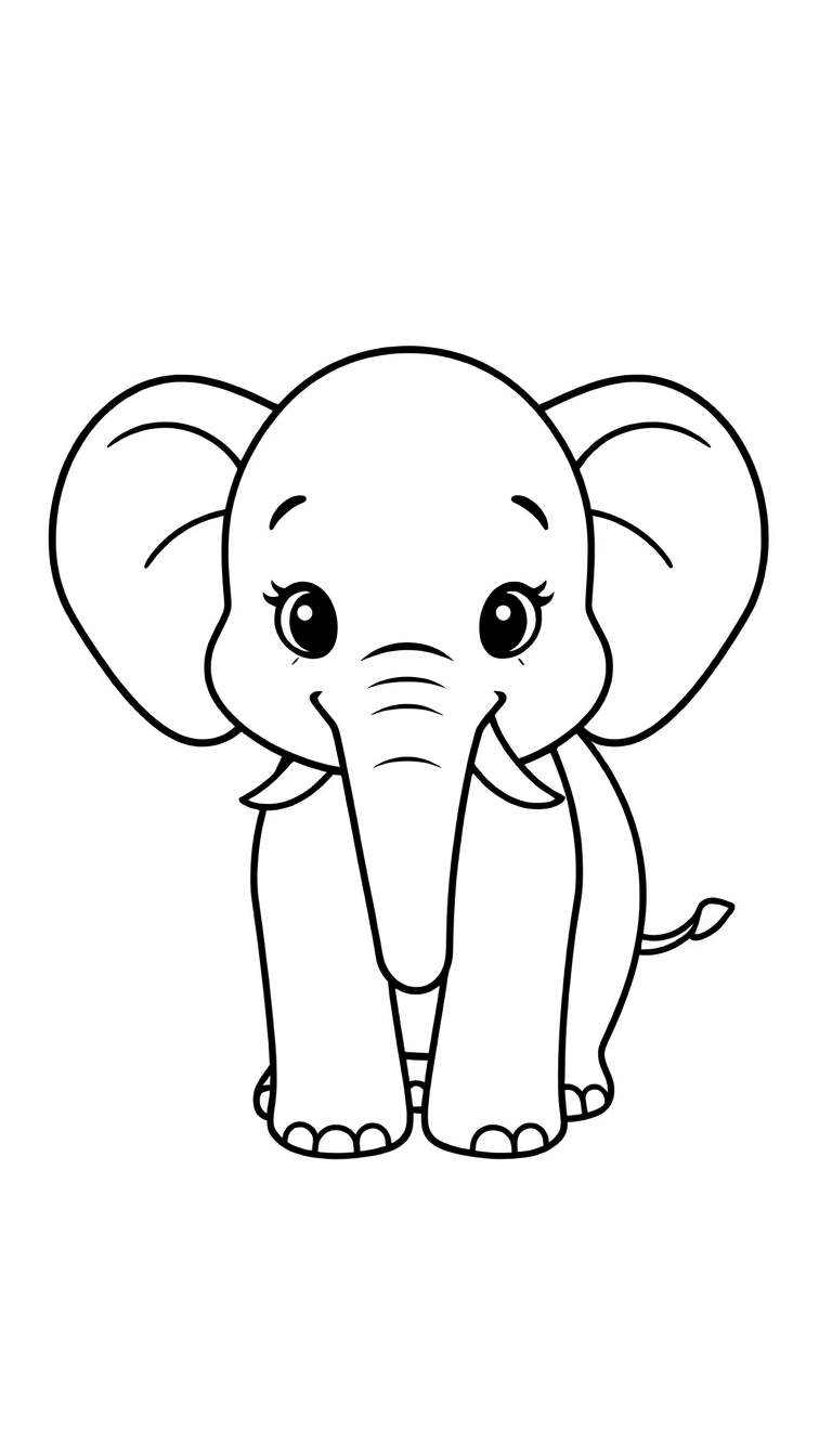 Lijntekening van een schattige, jonge olifant in cartoonstijl, staand met een glimlach en grote oren, klaar om gekleurd te worden.