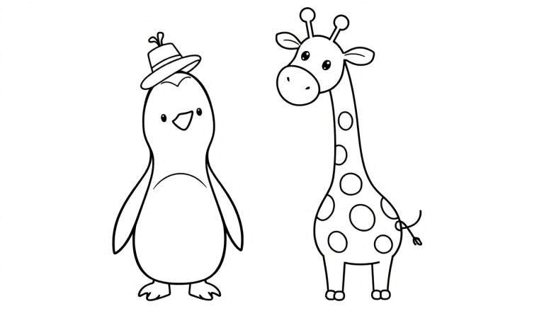 Een eenvoudige zwart-wit lijntje tekening van een schattige pinguïn met een hoedje en een giraf met stippen, beide met een vriendelijke uitdrukking.