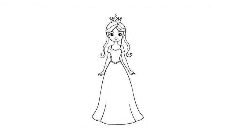 Lijntekening van een schattige prinses met kroon en baljurk, klaar om ingekleurd te worden.