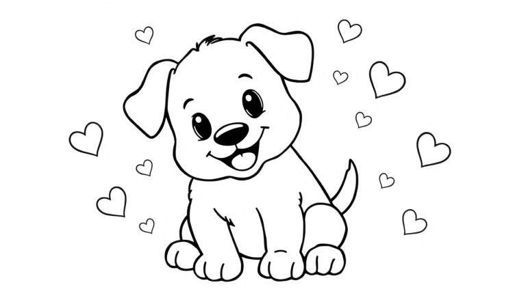 Een zwart-wit lijntekening van een schattige, lachende cartoon pup die zit met zijn tong uit zijn mond, omringd door diverse hartjes. Het is een kleurplaat op een witte achtergrond.