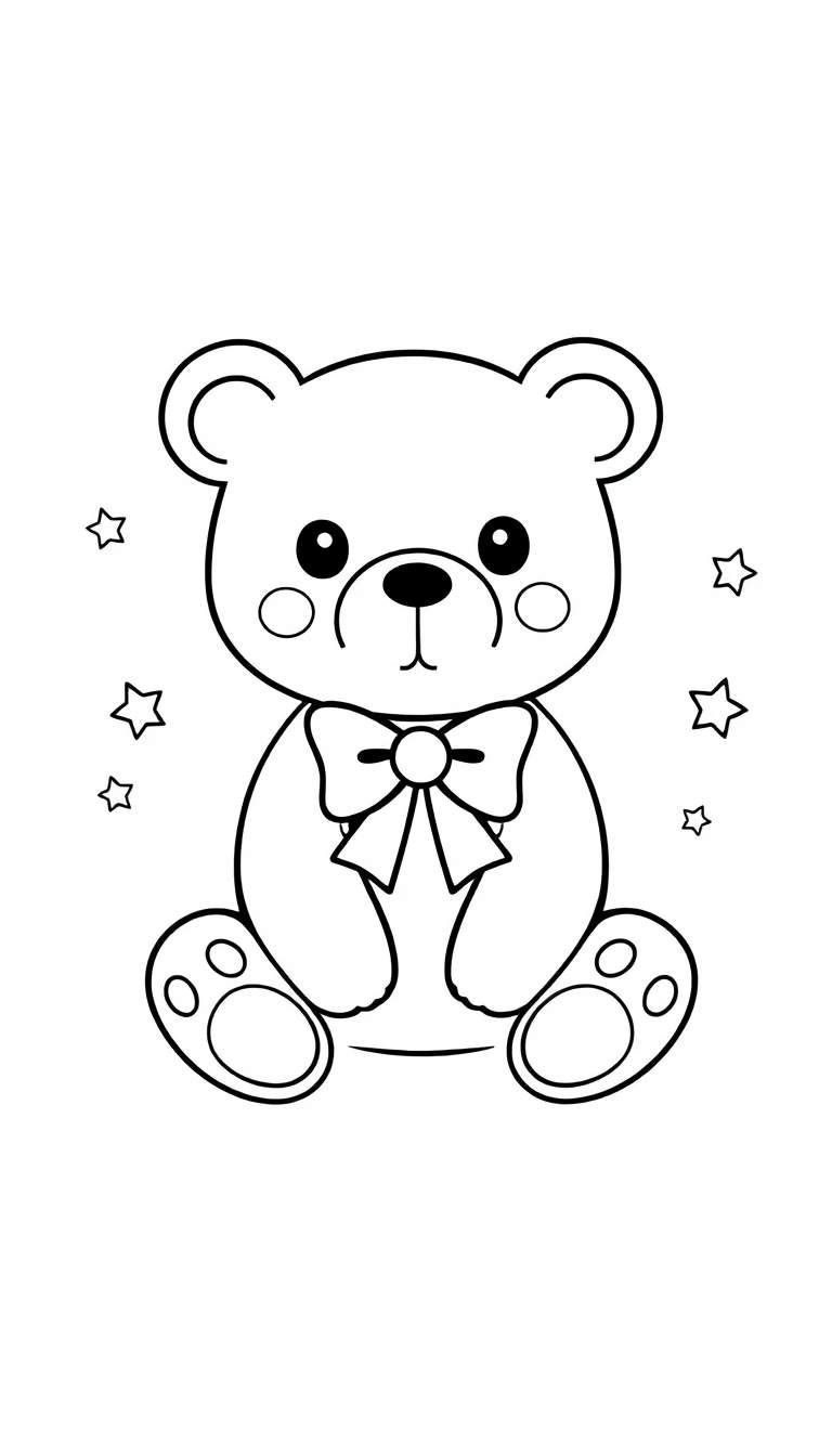 Zwart-witte lijntekening van een schattige teddybeer die rechtop zit, met een strik om zijn nek en kleine sterren eromheen.