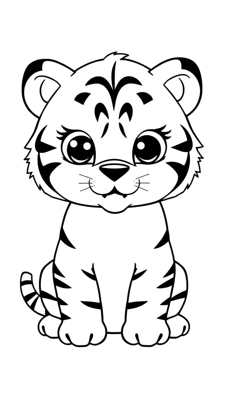 Een cartoon lijntekening van een schattig zittend tijgertje met grote ogen, wimpers, een hartvormig neusje en duidelijke strepen, klaar om ingekleurd te worden.