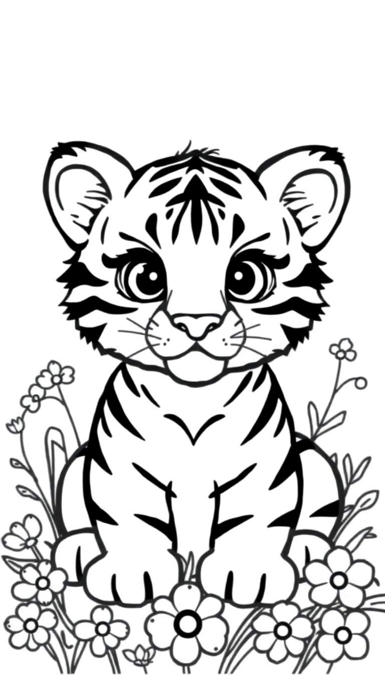 Zwart-wit lijntekening van een schattig tijgerwelpje dat zit te midden van bloemen en bladeren.