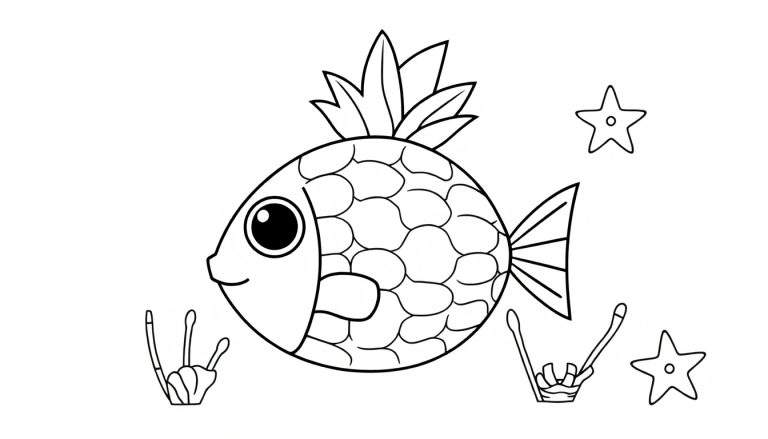 Zwart-wit tekening van een schattige ronde vis met grote ogen en een ananasbladkroon, omringd door handen die 'rock on' doen en zeesterren, ideaal om in te kleuren.