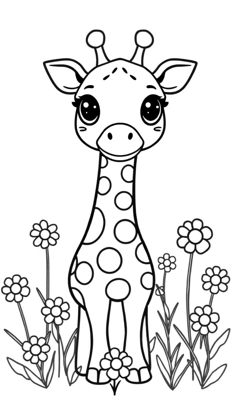 Zwart-wit tekening van een schattige giraf met grote expressieve ogen, kleine oren en ossiconen, staand tussen bloemen en gras. De giraf heeft een lange nek en een lijf versierd met ronde stippen.