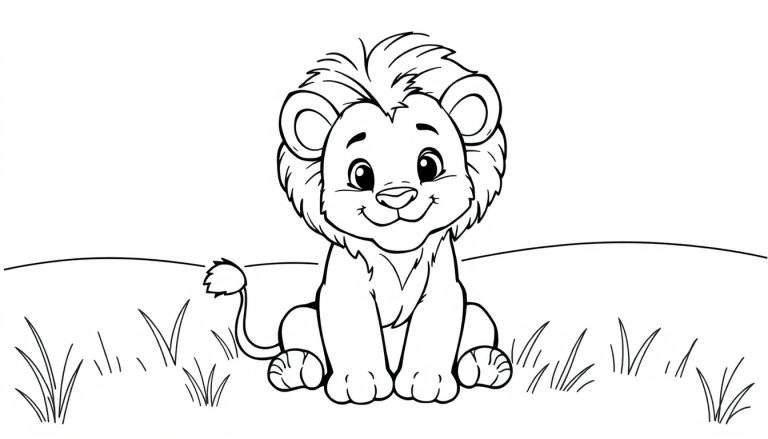 Zwart-wit lijntekening van een lachende leeuwenwelp in een grasveld, ideaal als kleurplaat.