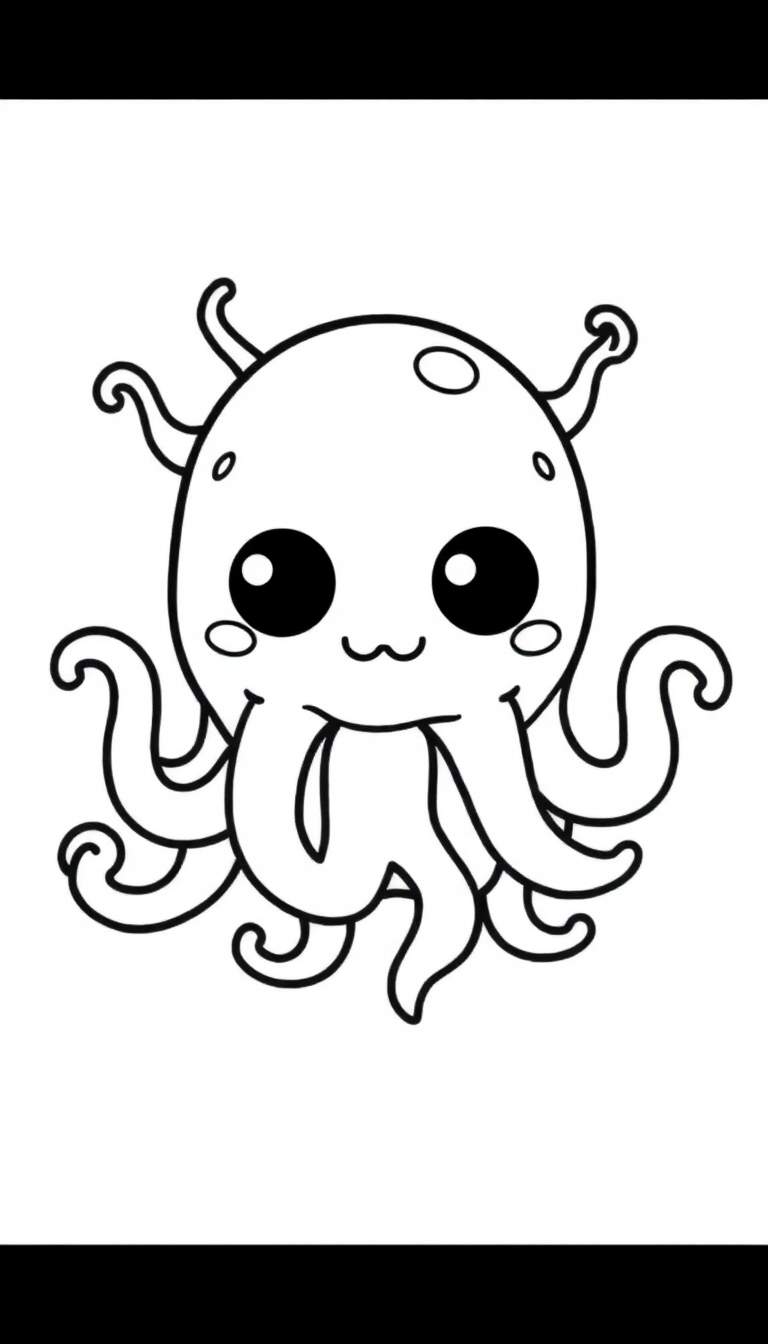Zwart-wit lijntekening van een schattige, cartoonachtige octopus met grote, lieve ogen en een glimlach.