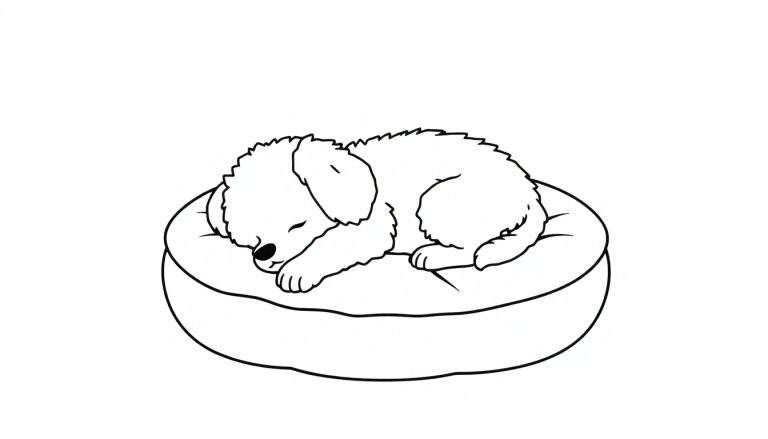 Zwart-wit tekening van een kleine, pluizige hond die vredig slaapt in een ronde mand.