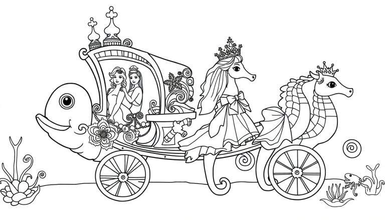 Kleurplaat van een sprookjesachtige onderwaterkoets in de vorm van een vis, met twee prinsessen, twee zeepaardjes en zeedecoratie.