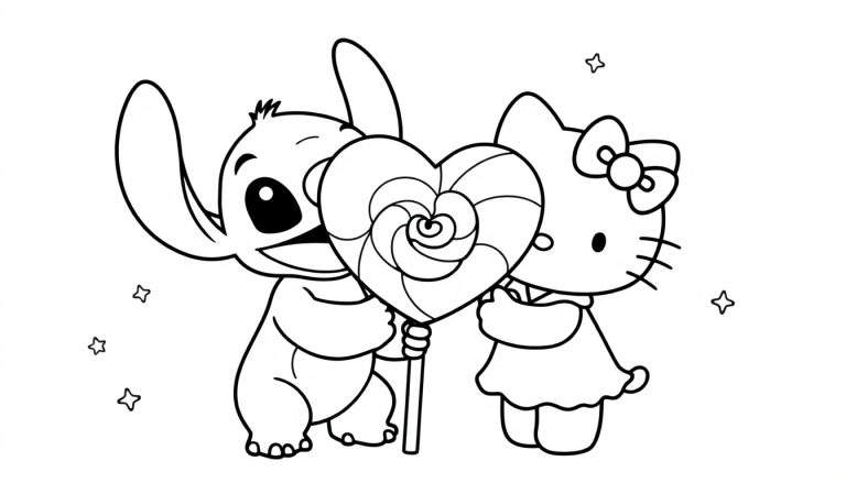Zwart-wit tekening van Stitch en Hello Kitty die samen een hartvormige lolly vasthouden, met kleine sterren op de achtergrond.