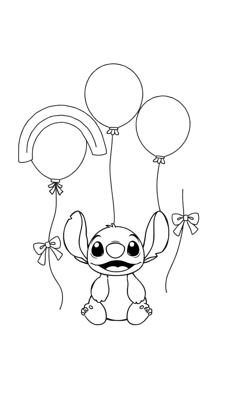 Lijntekening van Stitch, het blauwe buitenaardse wezentje, die ballonnen vasthoudt met strikjes en onder een regenboog. Geschikt als kleurplaat voor kinderen.