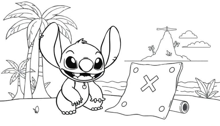 Kleurplaat van Stitch die op een tropisch strand zit en een schatkaart bekijkt, met palmbomen, de oceaan en een berg op de achtergrond.