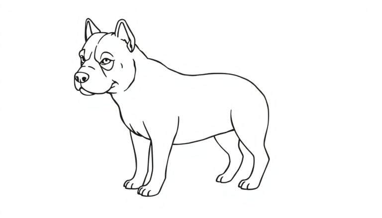 Zwart-witte lijnen tekening van een stoere hond, vergelijkbaar met een bulldog of pitbull, kijkend naar links op een witte achtergrond.