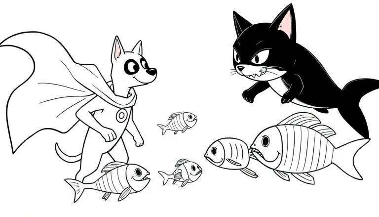 Kleurplaat met een witte superheldenhond met cape en symbool op de borst, die waakzaam naar rechts kijkt. Rechtsboven zweeft een zwarte kat-haai met puntige oren en zichtbare tanden. In het midden en onderin zwemmen vijf gestreepte vissen, waarvan sommigen angstig kijken of wegzwemmen van de dreigende figuren.