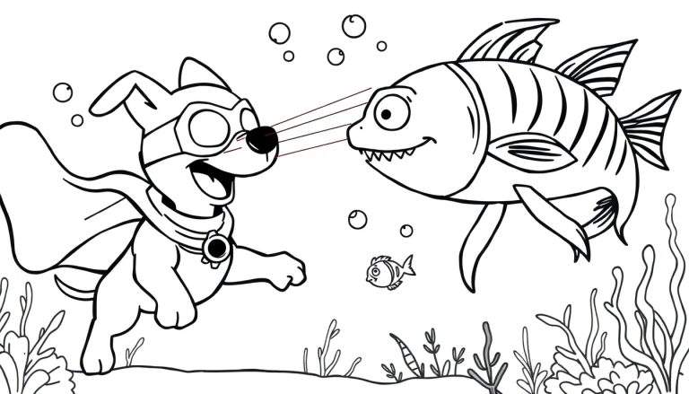 Een zwart-wit lijntekening voor een kleurplaat met een superheldenhond die rode energie vanuit zijn neus richt op een grote gestreepte vis. Een klein visje zwemt ertussen, omringd door bubbels en zeebodemplanten.