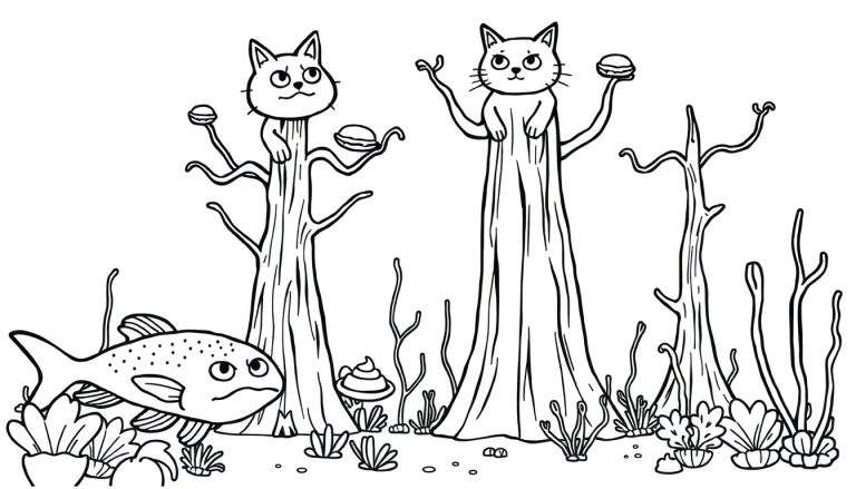 Zwart-witte kleurplaat met twee katten die hamburgers omhoog houden uit boomstammen in een surrealistisch onderwaterlandschap met een sip kijkende vis en veel koraal.