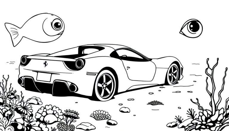 Kleurplaat van een rode sportwagen met Ferrari-achtig embleem dat onder water zweeft, geflankeerd door een cartoonvis en een oog, met een onderwaterlandschap van planten en koraal.