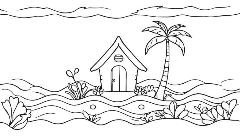 Zwart-wit lijntekening van een tropisch eiland met een klein huisje, palmboom en golven, klaar om ingekleurd te worden.