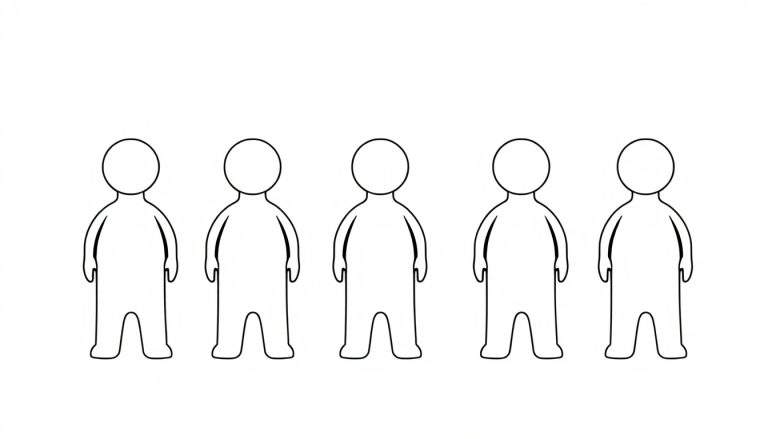 Kleurplaat van vijf eenvoudige, witte, gestileerde mensfiguren met zwarte contouren, staand naast elkaar in een rij.
