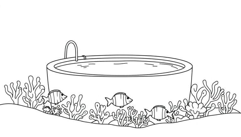 Kleurplaat van een bad met water, omringd door waterplanten, koraal en drie gestreepte vissen.