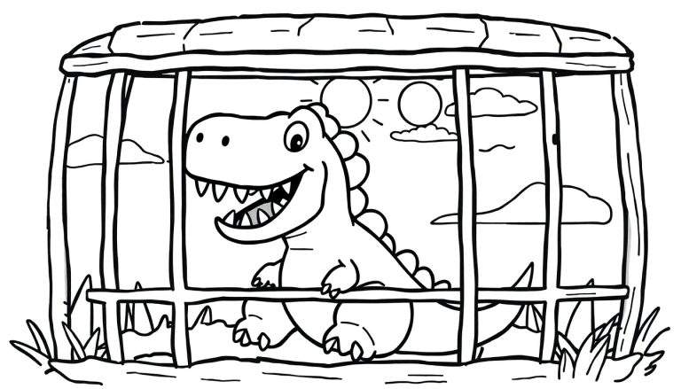 Een zwart-wit tekening van een vriendelijke cartoon dinosaurus met een brede glimlach en stekels op zijn rug, zittend achter een houten hek. Op de achtergrond zijn twee zonnen en wolken te zien.