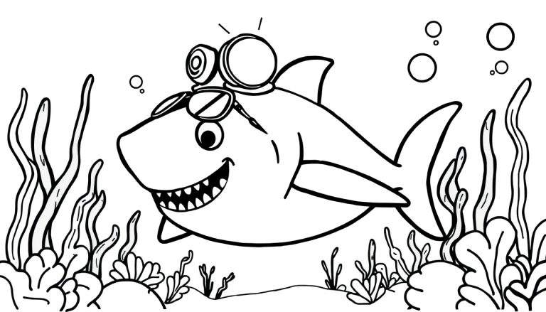 Een zwart-wit tekening van een lachende cartoonhaai met duikbril en lamp in een onderwateromgeving met zeewier en luchtbellen, klaar om ingekleurd te worden.