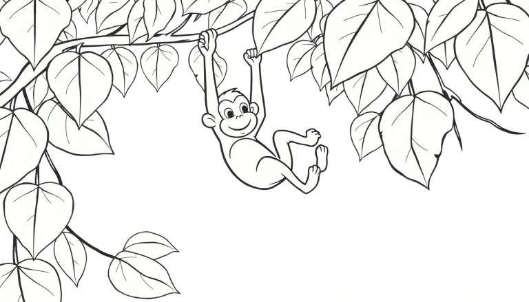 Zwart-wit lijntekening van een vrolijk aapje dat aan een tak hangt in een jungle-omgeving, klaar om ingekleurd te worden.
