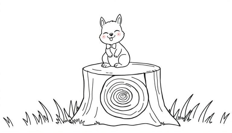 Kleurplaat van een vrolijk, cartoon-achtig konijntje met roze wangetjes en een vlinderdasje dat op een boomstronk met jaarringen zit, omringd door gras.