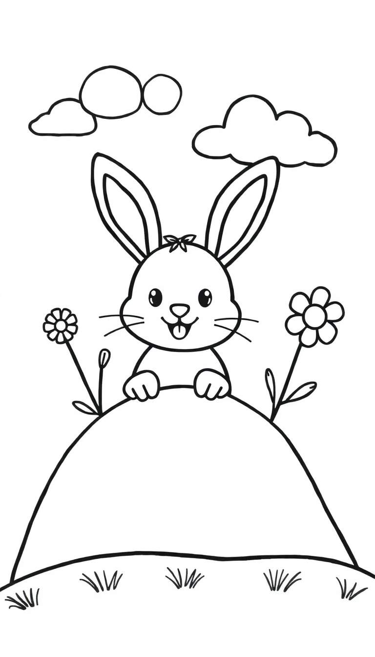 Kleurplaat van een lachend konijntje met opstaande oren, bloemen, gras en wolken.