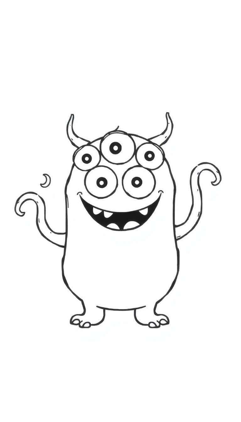 Een zwart-wit lijntekening van een vriendelijk, cartoonachtig monster met vijf ogen, een brede glimlach en gekrulde armen, klaar om ingekleurd te worden.