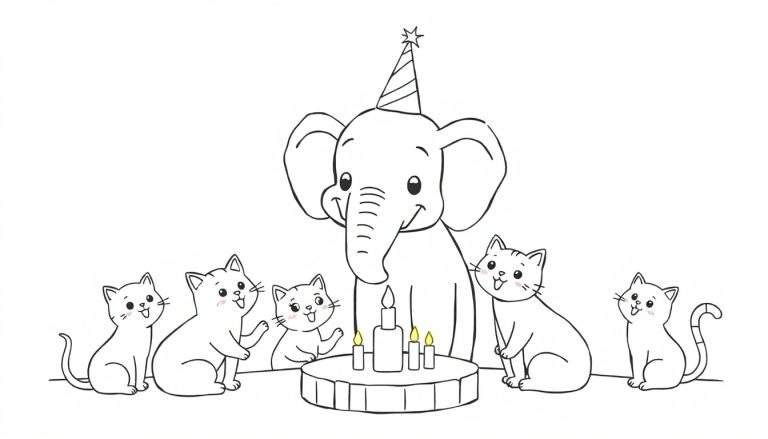 Zwart-wit kleurplaat van een feestelijke verjaardag met een olifant, kaarsjes en katten.